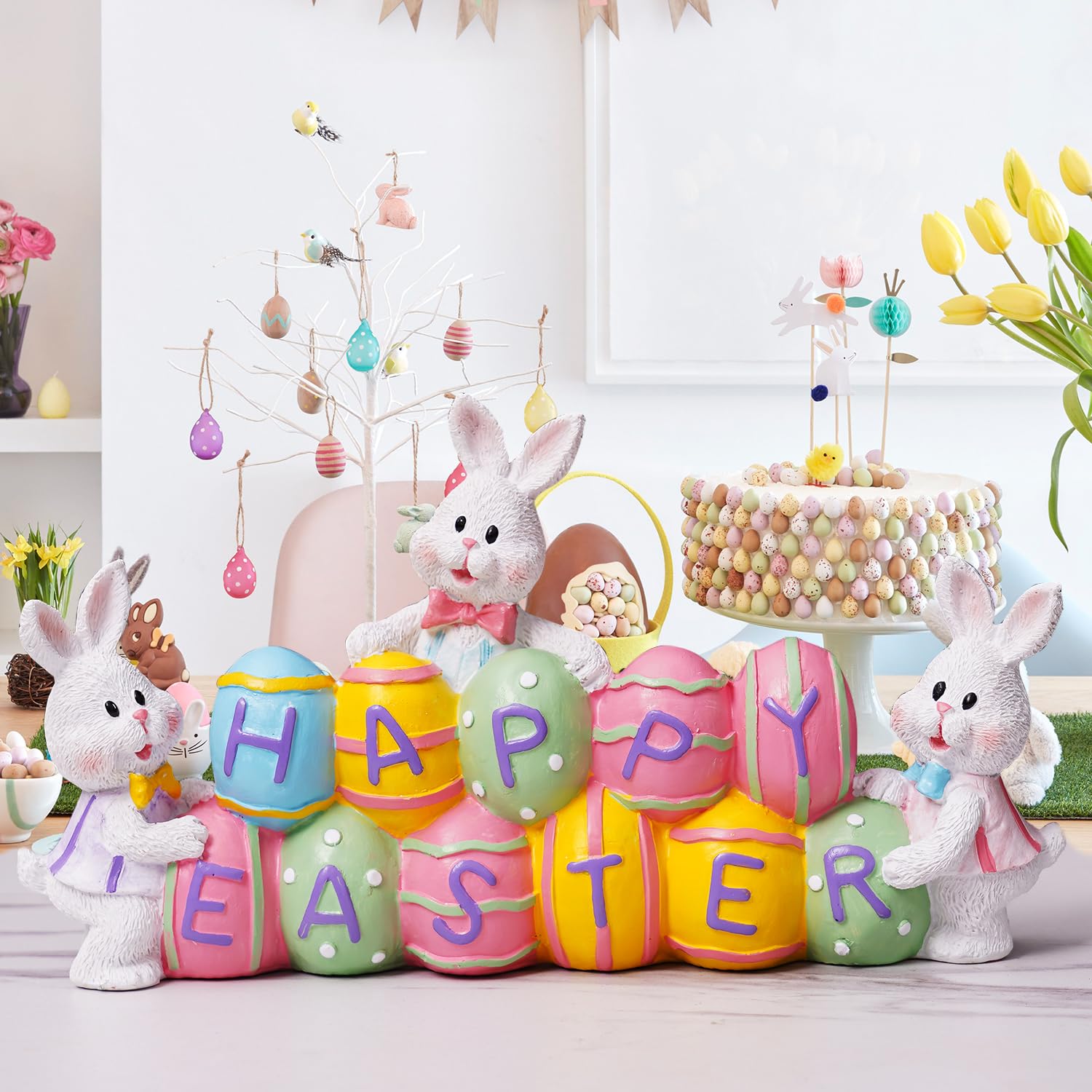 Easter Bunny Figurine with Eggs - Resin Easter Decorations for Spring, Home, Office & Party | Happy Easter Tabletop Centerpiece for Festive Decor