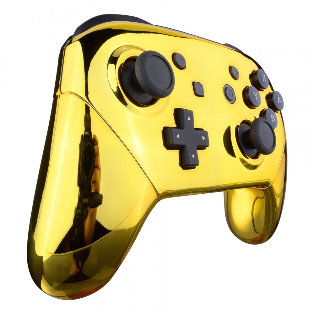 eXtremeRate Chrome Gold Faceplate & Backplate Replacement for Nintendo Switch Pro Controller - Custom Gaming Accessories (Controller Not Included) - Perfect for DIY Mods & Enhanced Gaming Experience