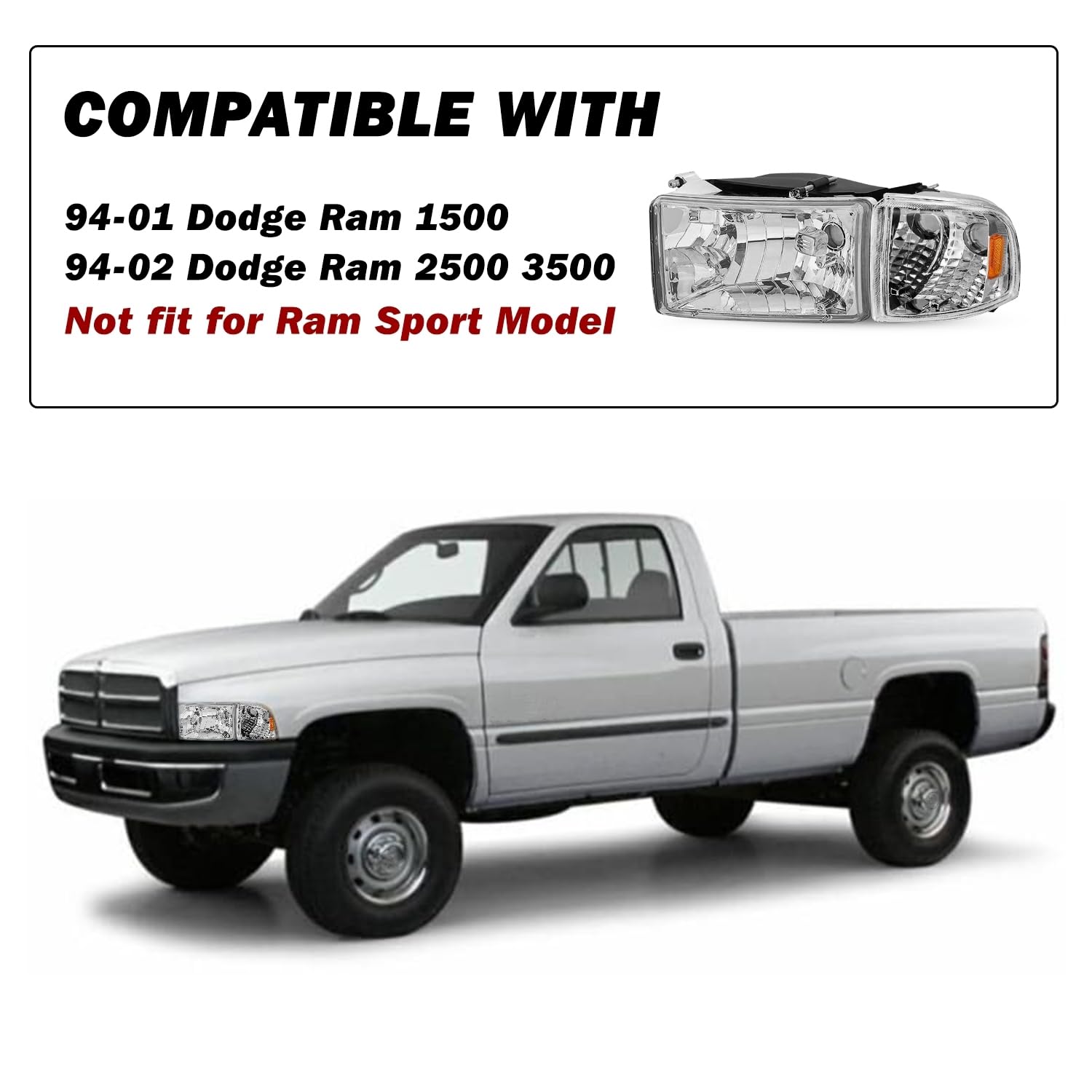 Halogen Headlight Assembly Replacement for 1994-2001 Dodge Ram 1500 & 1994-2002 Dodge Ram 2500/3500 Pickup Truck - 4PC Headlamp Kit with Corner Lights & Chrome Housing (Bulbs Included) - Perfect for Night Driving & Off-Road Adventures