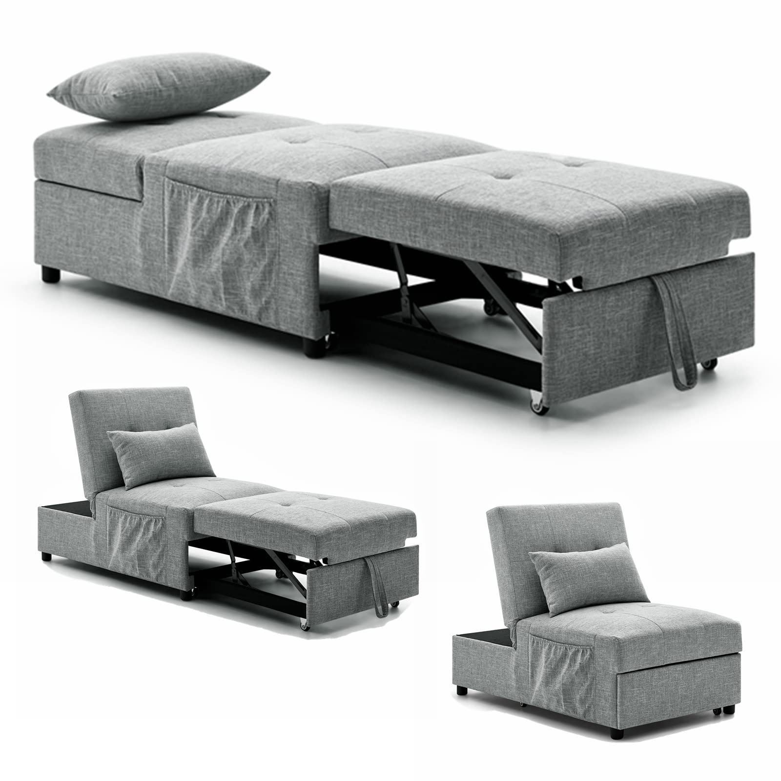 Gynsseh 4-in-1 Convertible Sleeper Ottoman Chair Bed with Pull Out Bed & Pillow - Multi-Functional Furniture for Small Space, Apartment, Living Room, Guest Room - Gray (Use as Ottoman, Chair, Chaise Lounge or Sleeper Sofa)