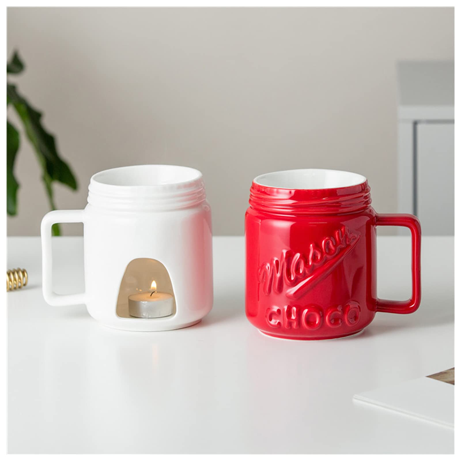 Premium Ceramic Fondue Mugs Set - Chocolate & Cheese Melting Pot for Parties (Red) - Perfect for Valentine's Day, Date Nights & Family Gatherings