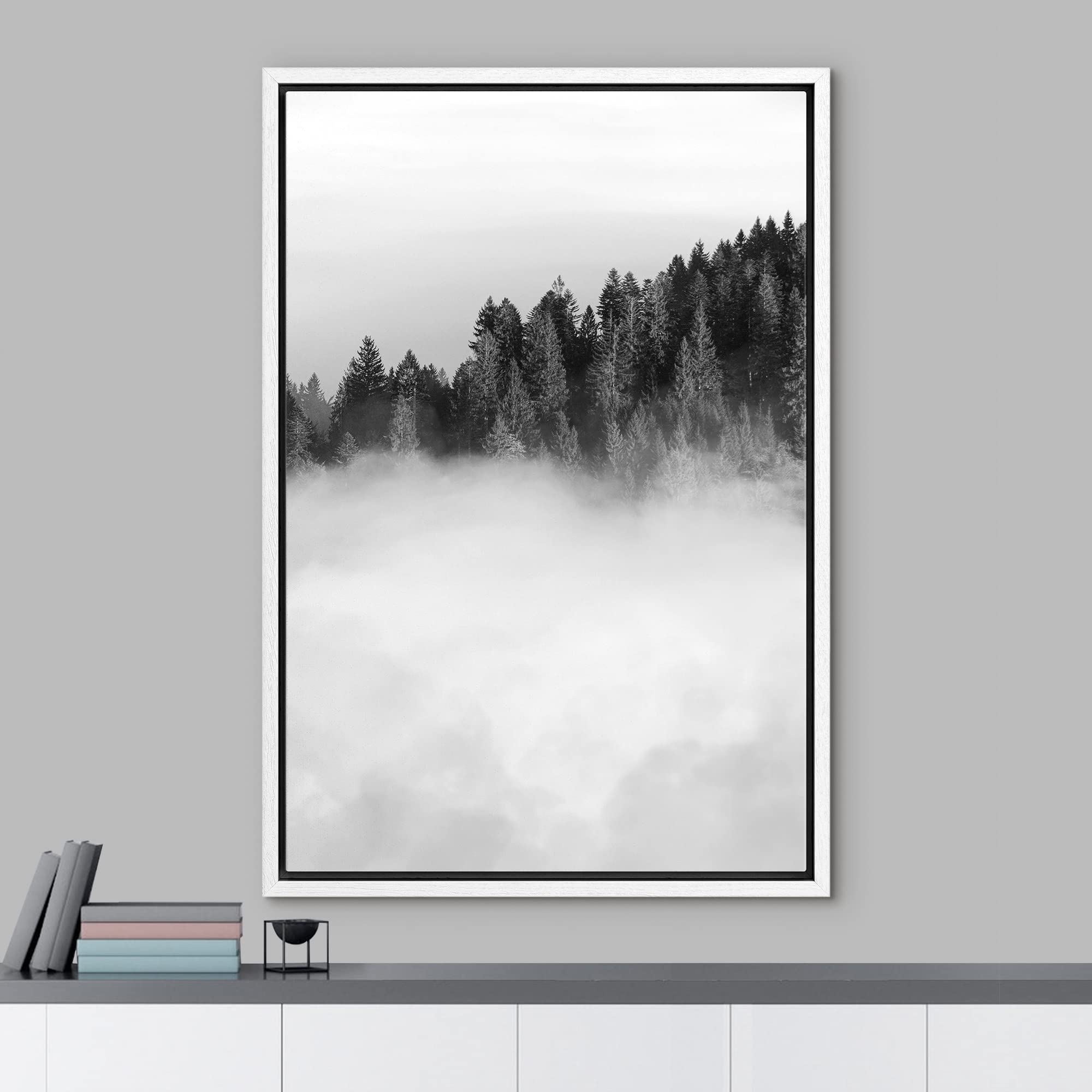 IDEA4WALL Framed Canvas Print - Black & White Forest Mist Woodland Nature Art, Rustic Dramatic Wilderness Decor, 24