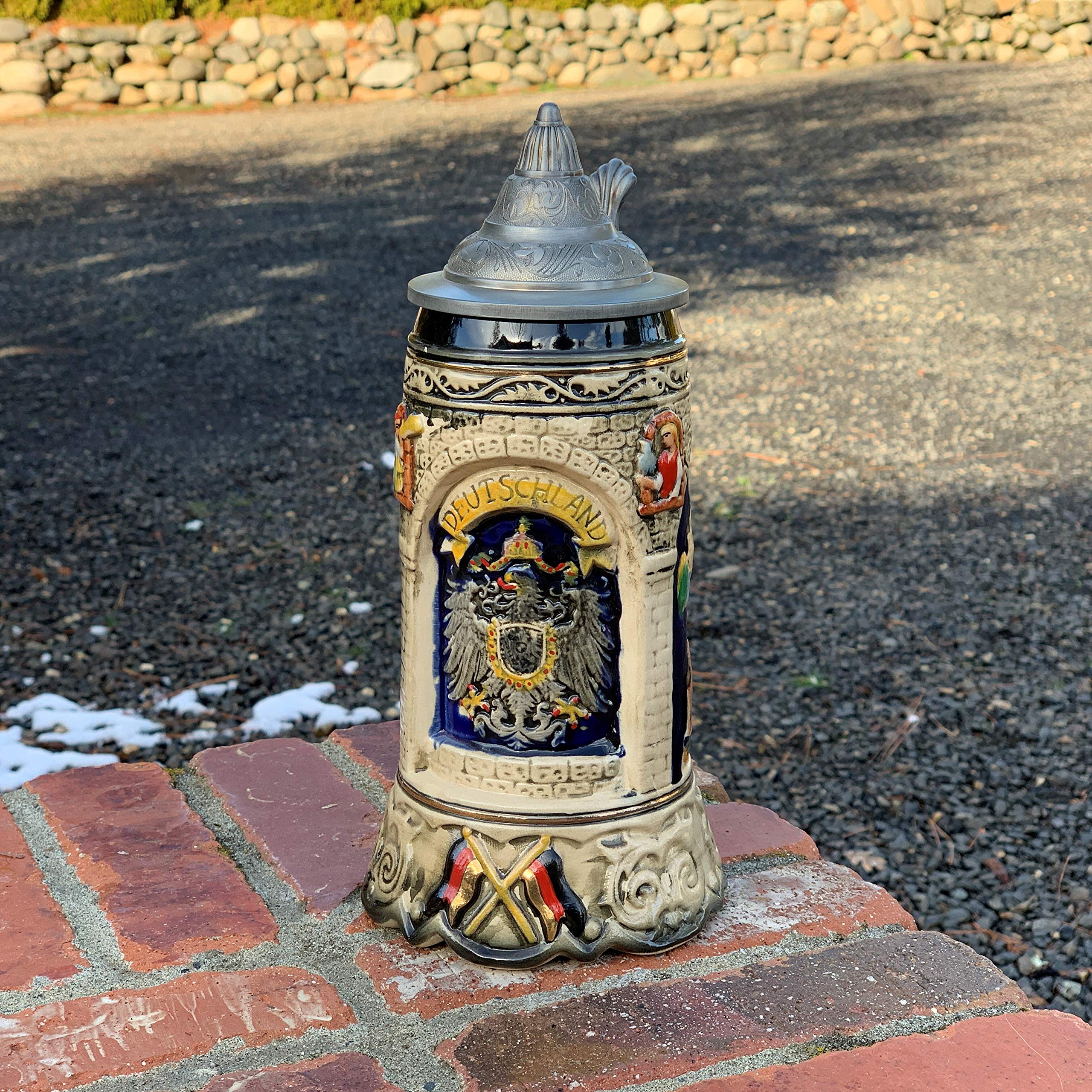 1 Liter German Beer Stein with Lid - Hand-Painted Oktoberfest Ceramic Mug Featuring Deutschland Scenes - Perfect Gift for Beer Lovers - Great for Oktoberfest Celebrations, Home Bars & Collectors