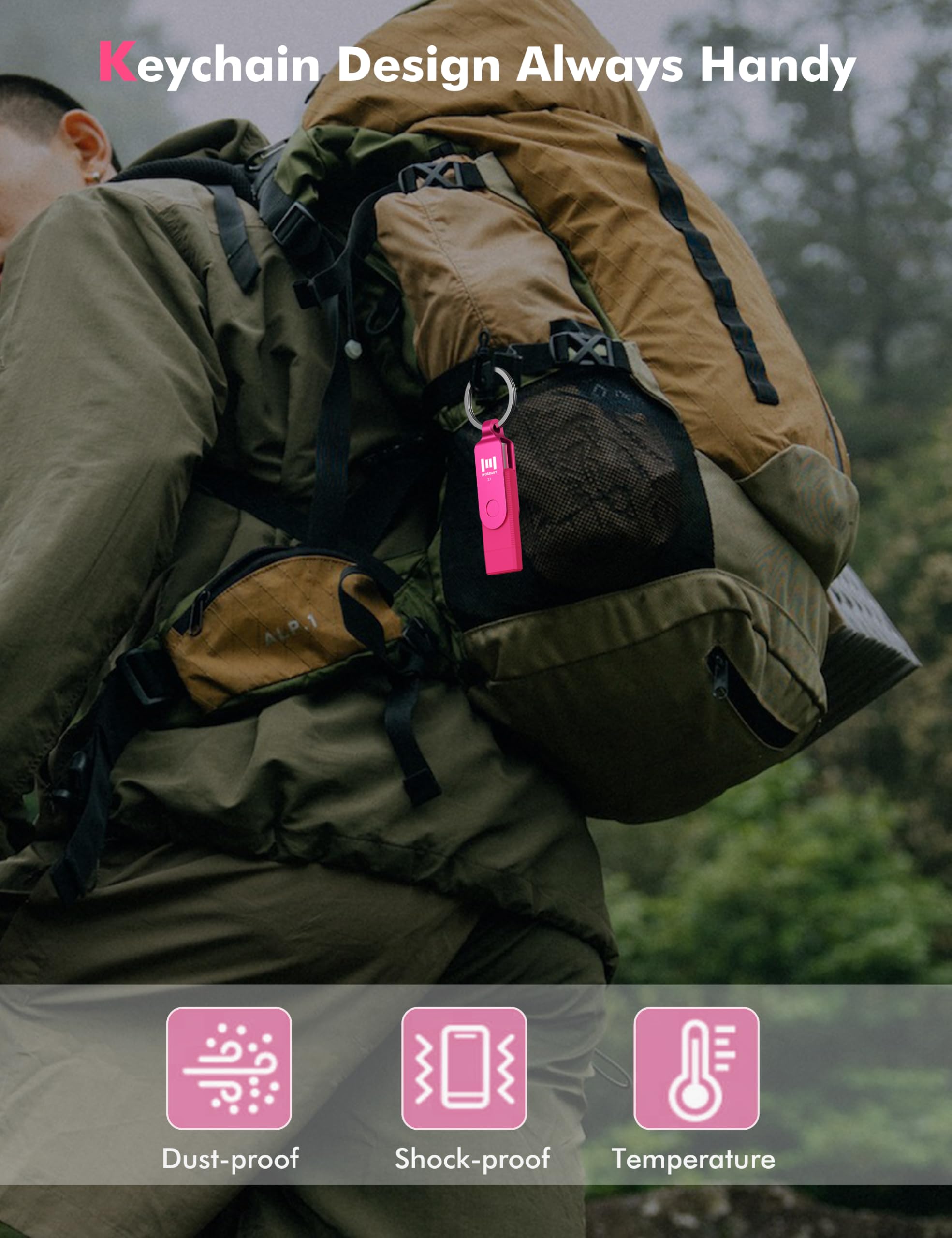 MOSDART 1TB USB 3.1 Flash Drive - High-Speed Dual C&A Interface Memory Stick with Keychain & LED Light - Compatible with iPhone 15/16, Android, iPad, MacBook - exFAT Format - Hot Pink - Perfect for Data Transfer, Backup & Portable Storage