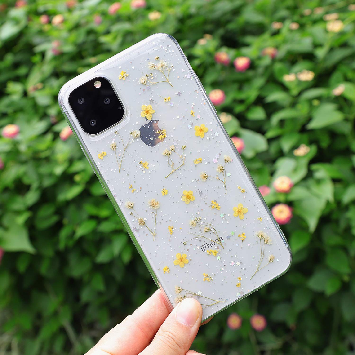 Premium Clear Floral iPhone 15 Case with Real Pressed Flowers - Soft Rubber Glitter Phone Cover for Women (Yellow) | Trendy Protective Case for Everyday Use & Special Occasions