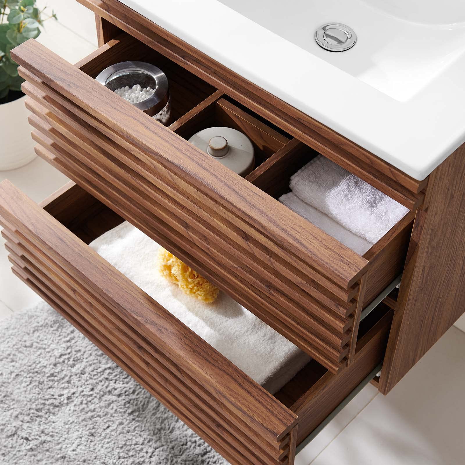 Modern Wall Mounted Sink Vanity Cabinet - Brown Walnut & White Wood Bathroom Storage - Perfect for Hotel, Spa, and Contemporary Home Bathroom Design