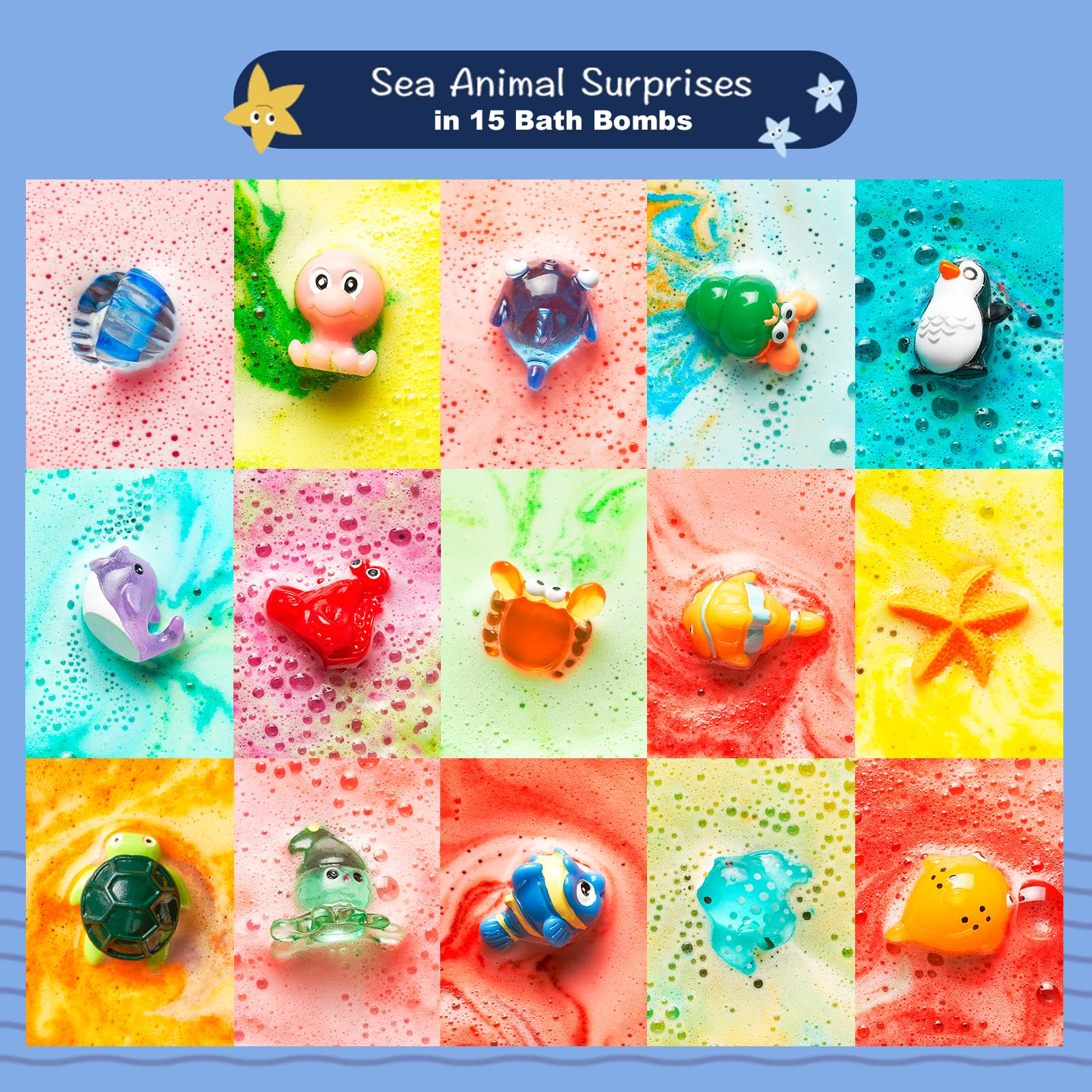 15 Pack Sea Surprise Bath Bombs for Kids - Fizzy Easter Bath Gift Set with Hidden Ocean Toys | Gentle, Scented & Kid-Safe | Fun Bath Time & Easter Basket Stuffers for Boys & Girls | Perfect for Birthday Parties, Easter Gifts & Relaxing Bath Time