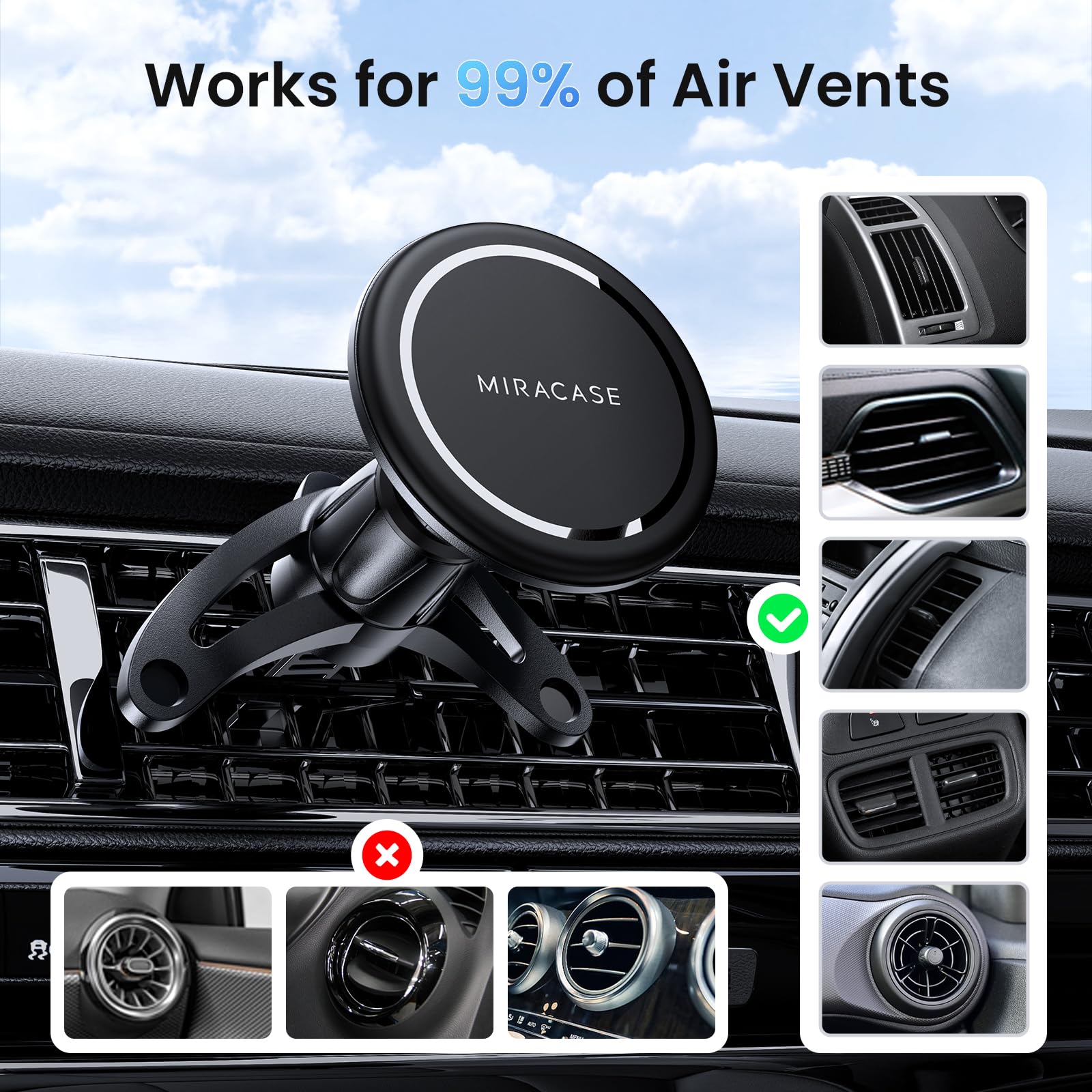Miracase MagSafe Car Mount - Strong Magnetic Phone Holder for Car Vent, 360° Rotating Hands-Free Phone Mount Compatible with iPhone 15/14/13/12 & All Smartphones - Perfect for Driving, Navigation & Road Trips