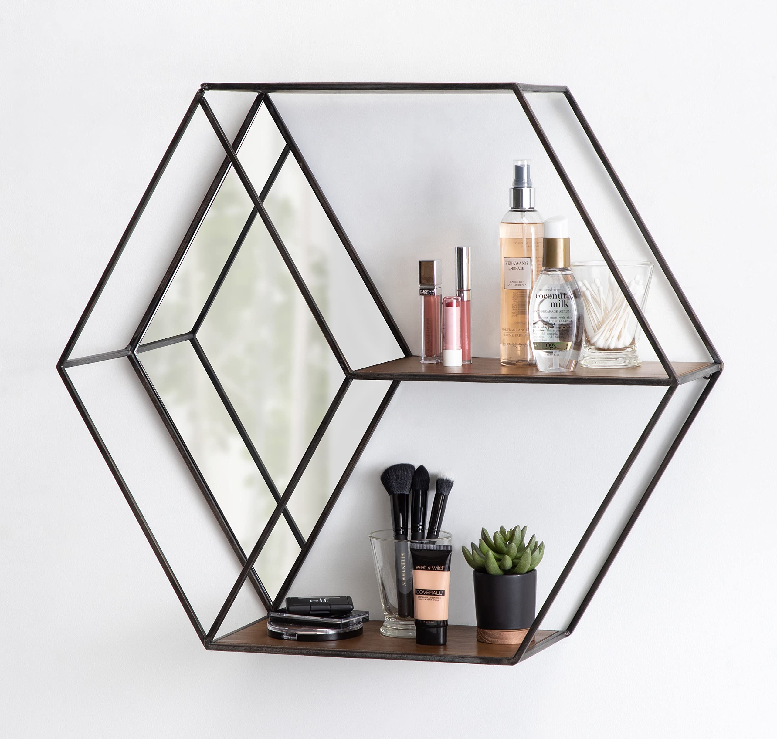 Kate and Laurel Lintz Modern Hexagon Floating Wall Shelves with Mirror - Black Metal Frame & Rustic Brown Shelves for Living Room, Bedroom, Bathroom Decor | Stylish Storage & Wall Display Solution