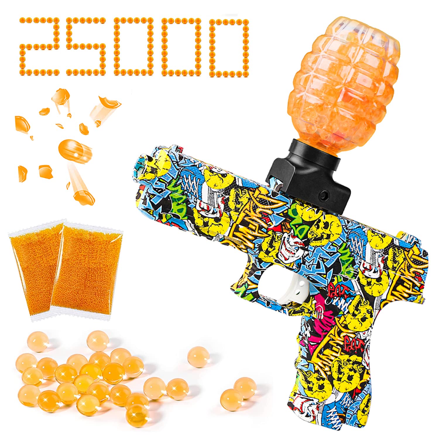 Jayol Electric Gel Ball Blaster Gun - Automatic Splatter Ball Toy with 25,000 Water Beads & Safety Goggles for Outdoor Team Shooting Games - Perfect for Teens & Adults Ages 12+ (Graffiti Style) - Great for Backyard Battles, Birthday Parties & Youth Group Activities