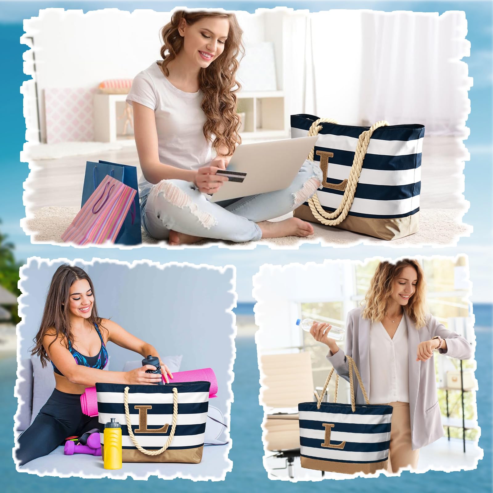 Personalized Waterproof Beach Tote Bag for Women with Zipper - Custom Initial Beach Bags, Travel Essentials & Birthday Gifts for Her - Perfect for Pool Parties, Vacations, and Summer Getaways