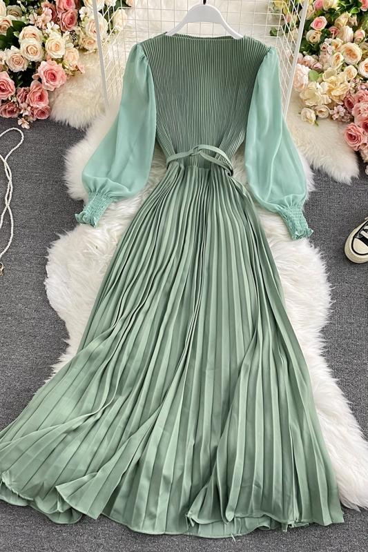 High Waist Round Neck Swing Dress - Elegant Pleated Long Skirt for Women | Spring & Autumn Fashion | Perfect for Office, Party & Casual Wear