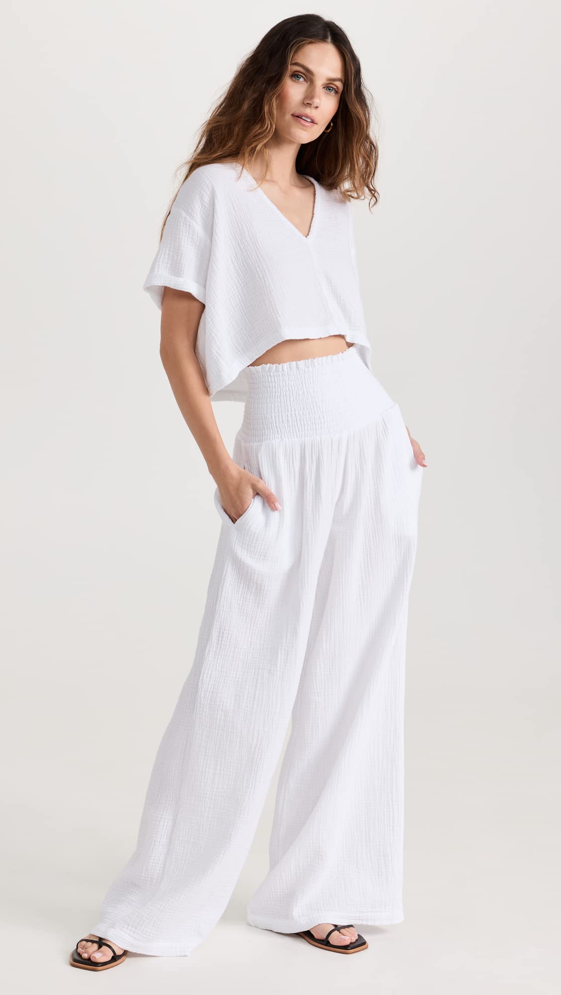 Monroe Women's Gauze Smocked Flare Pants - Lightweight Summer Casual Trousers for Beach, Vacation & Boho Style Outfits
