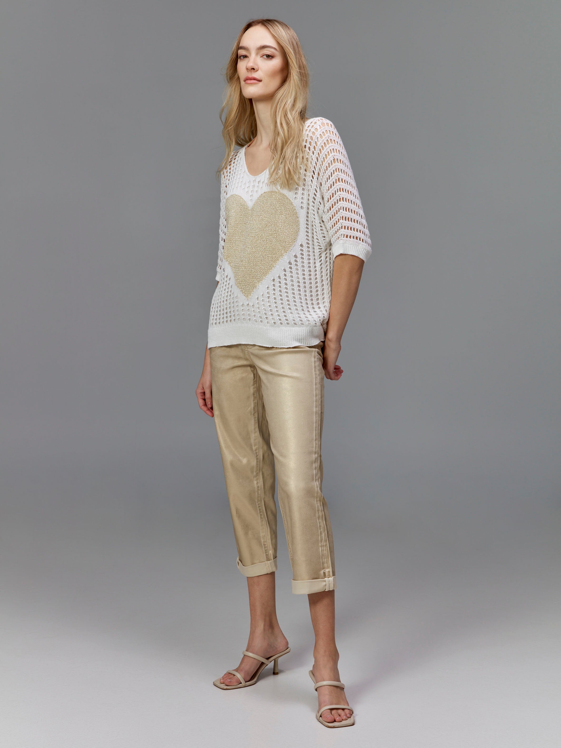Women's Foiled Straight Leg Pants with Cuffed Hem - High Waisted Stretch Work Pants for Office & Business Casual Wear - Natural Color