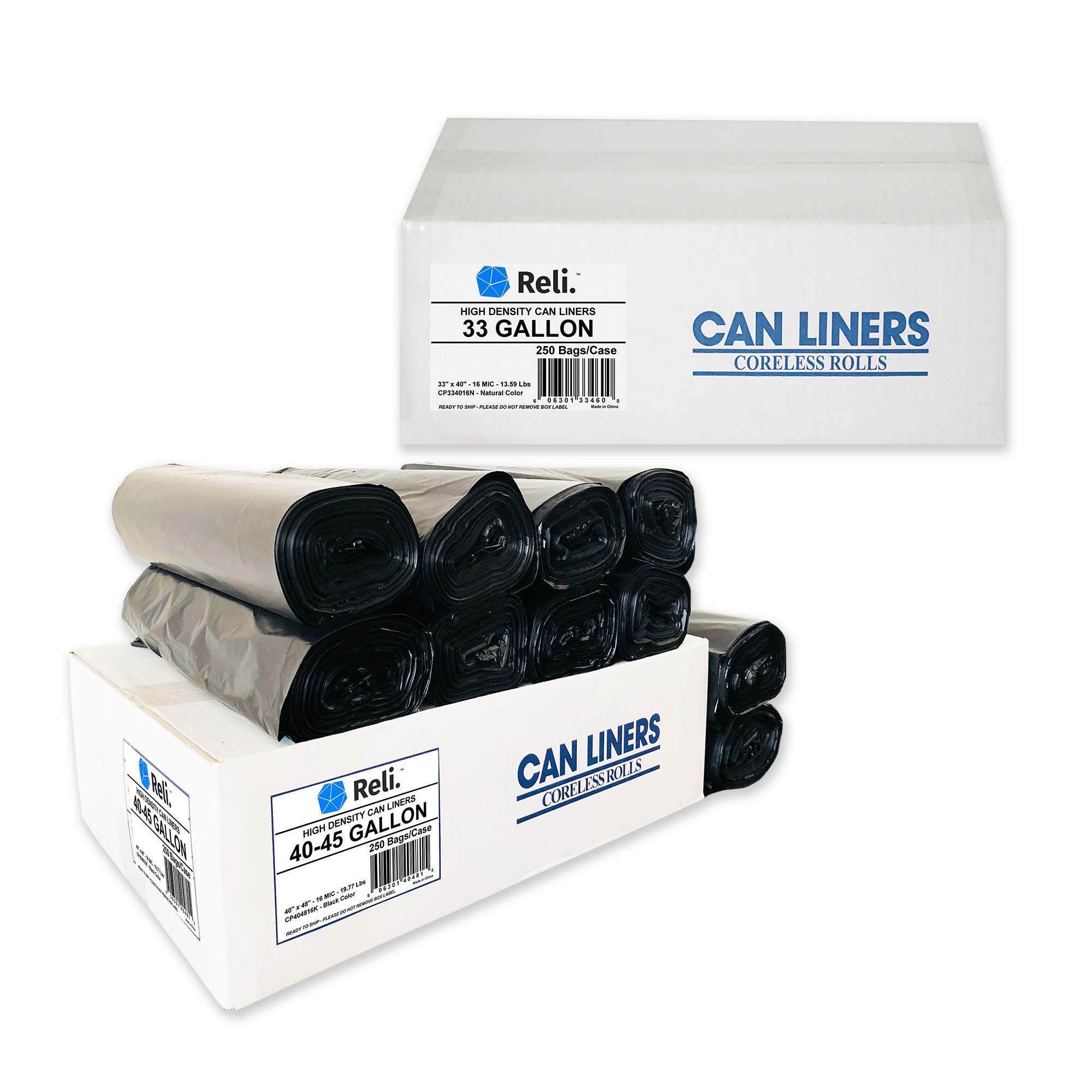Reliable 40-45 Gallon & 33 Gallon Heavy Duty Trash Bags - 250 Count Black Garbage Bags for Kitchen, Yard Waste & Commercial Use