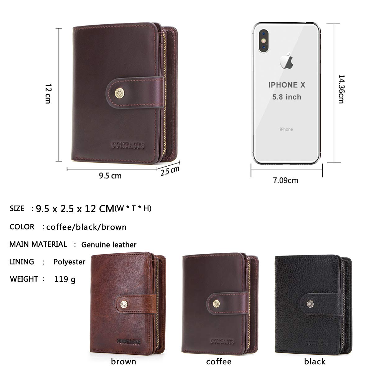 Genuine Leather Women's Zipper Coin Card Holder Clutch Wallet - Dark Coffee | Compact & Stylish for Everyday Use, Travel, and Gift Giving
