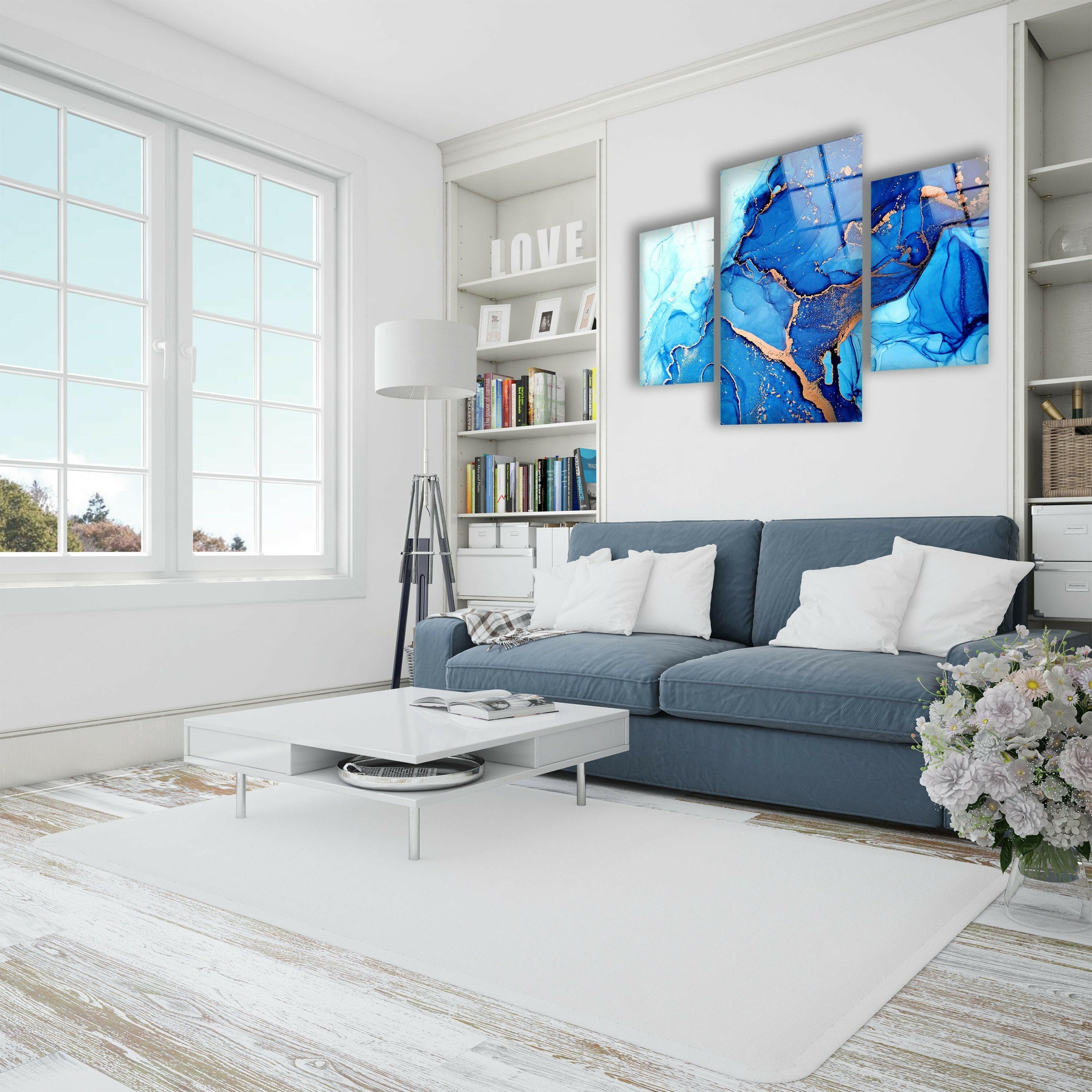 Blue Alcohol Ink Marble Abstract Glass Wall Art - Handmade Modern Home Decor for Living Room, Bedroom & Office