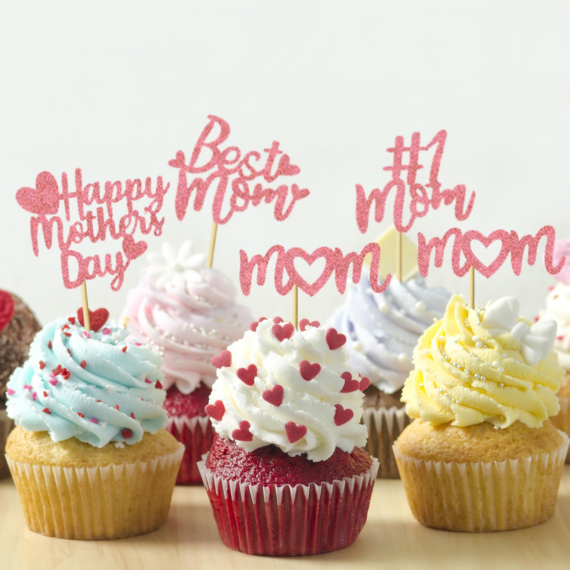 24Pcs Happy Mother's Day Cupcake Toppers - Pink Glitter Cake Decorations for Mother's Birthday Party, Baby Shower & Wedding Celebrations