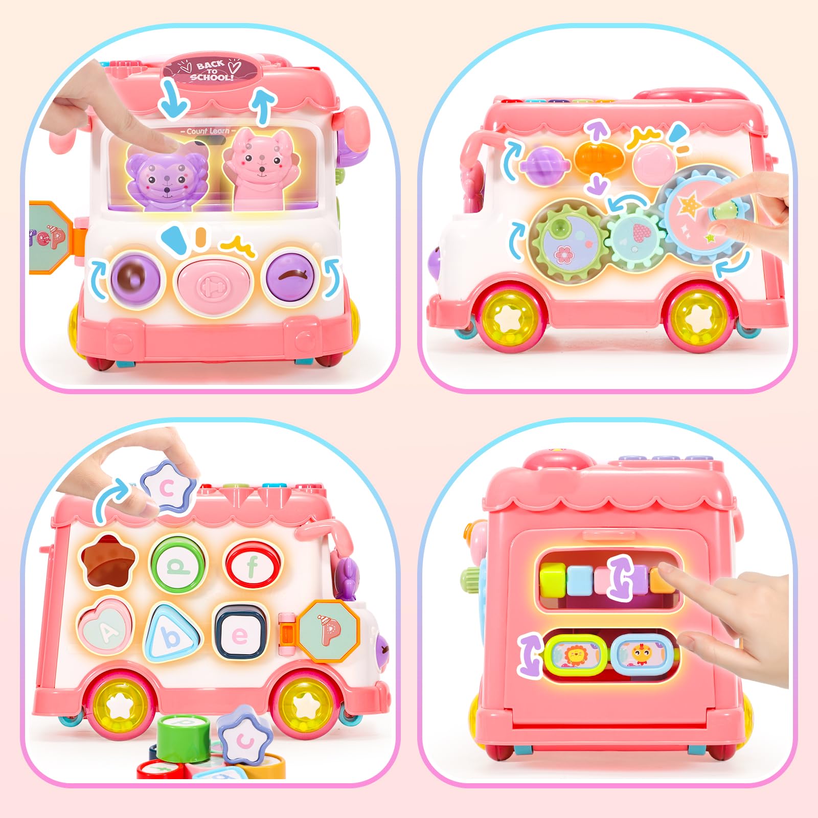 10-in-1 Montessori Bus Toy for Toddlers 1-2 Years Old - Educational Musical Sensory Learning Toys for Baby Girls 6-18 Months - Perfect First Birthday & Christmas Gift (Pink) - Great for Early Childhood Development & Playtime Learning