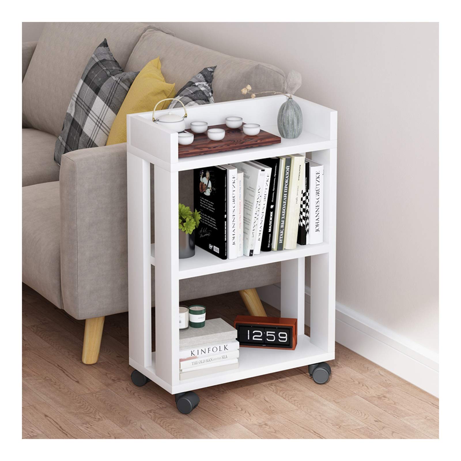 Modern Wood Bookcase - 3-Tier Rolling Bookshelf with Storage for Bedroom & Living Room | Multi-Functional Shelf Unit for Book Collection & Home Organization | Ideal for Small Spaces, Office, Dorm & Kids Room