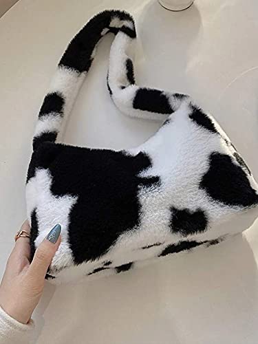 Women's Fluffy Faux Fur Cow Print Shoulder Bag - Fashionable Clutch Purse & Underarm Handbag with Zipper - Stylish Satchel & Tote for Parties, Date Night, and Everyday Use
