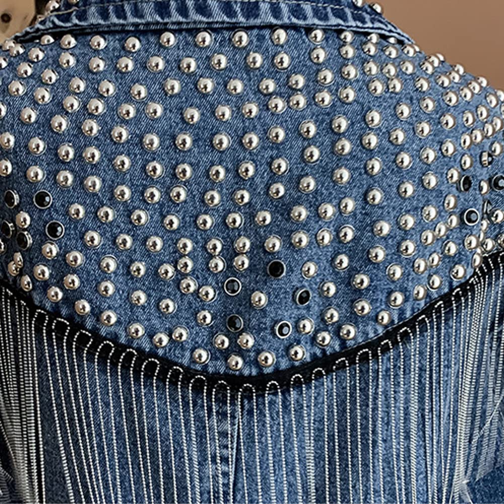Diffstyle Women's Long Sleeve Embroidered Crystal Washed Denim Jacket - Open Front Short Jean Coat for Casual Outfits & Spring Layering