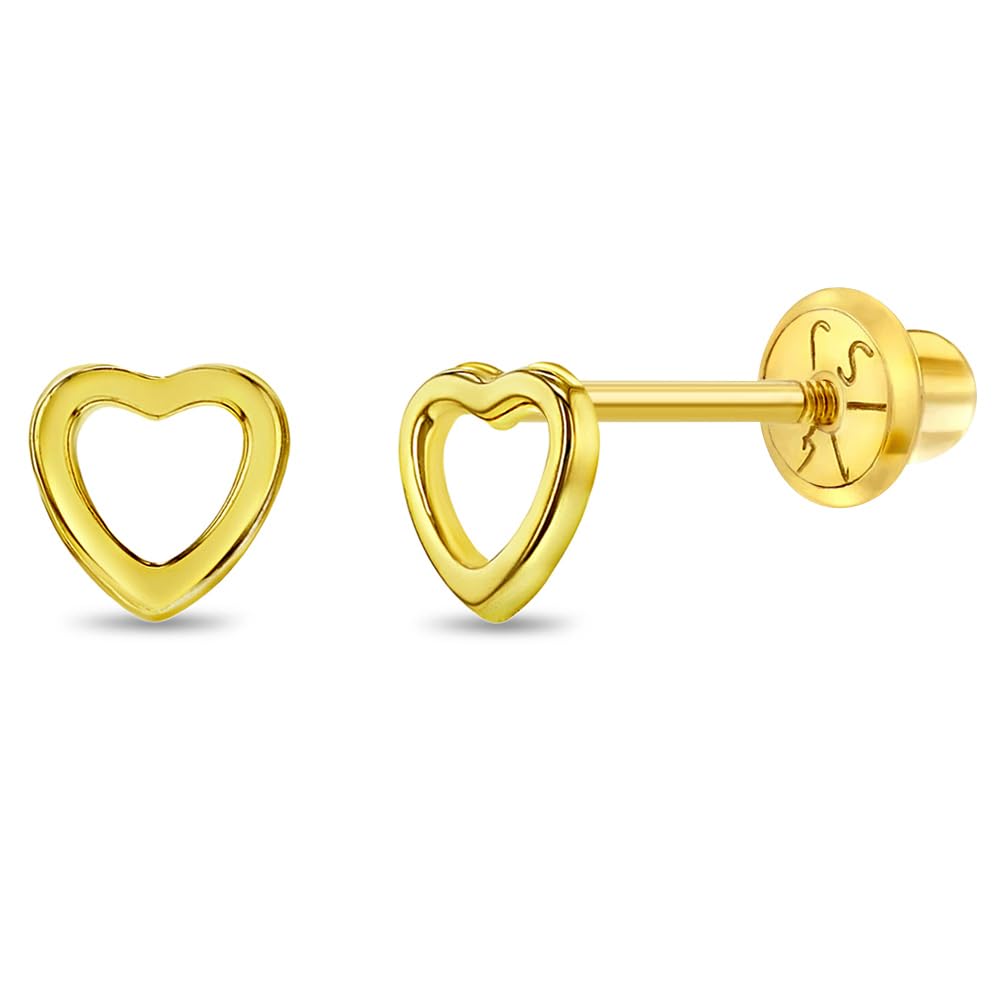 14K Yellow Gold Tiny 5mm Open Heart Screw Back Earrings for Girls & Toddlers - Classic Safety Locking Stud Earrings - Perfect for Birthdays, First Communion & Special Occasions