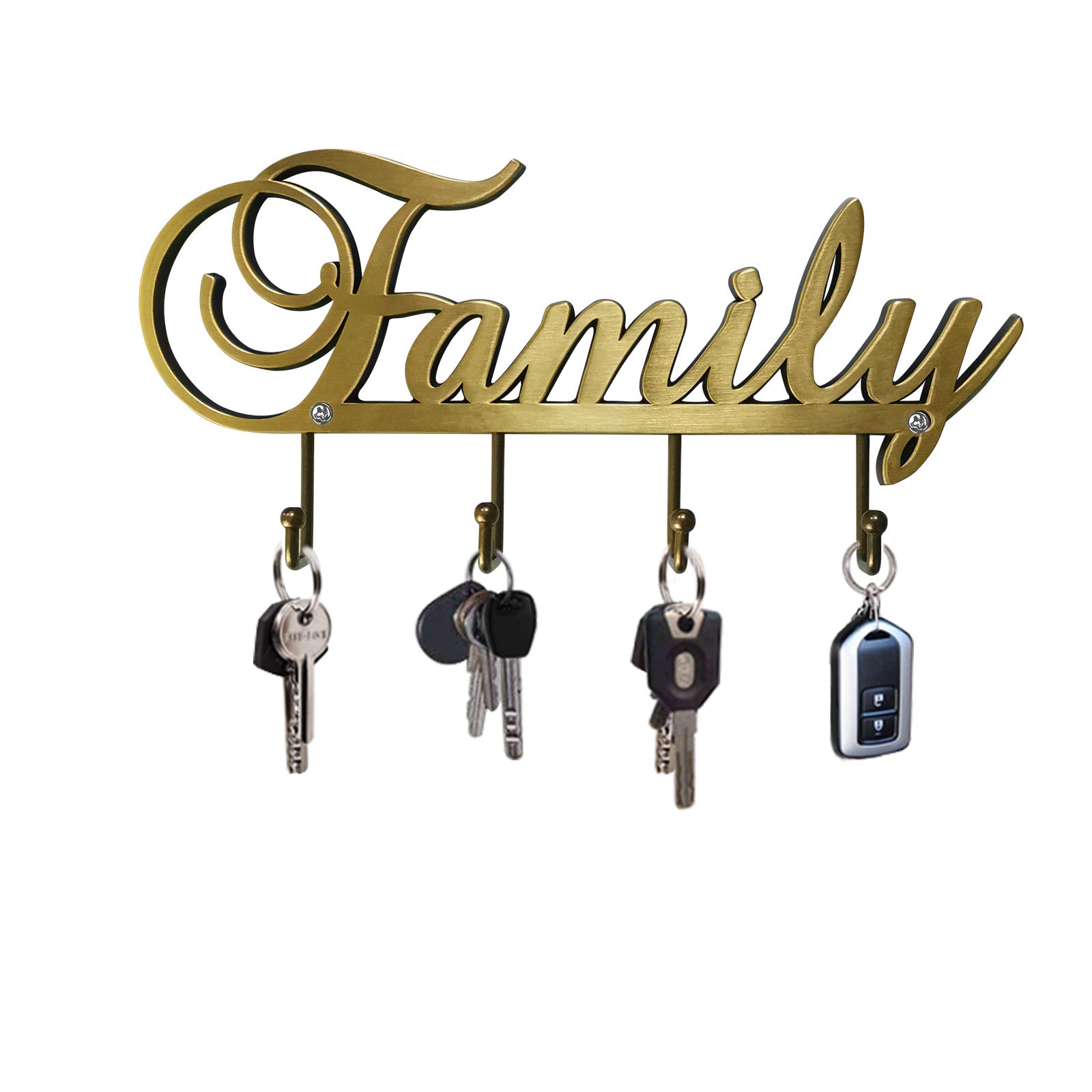 Myartte Wall Mounted Key Holder - Decorative Zinc Alloy Key Organizer Rack with 4 Hooks & Screws - Antique Brass Finish - Perfect for Entryway, Mudroom & Home Organization
