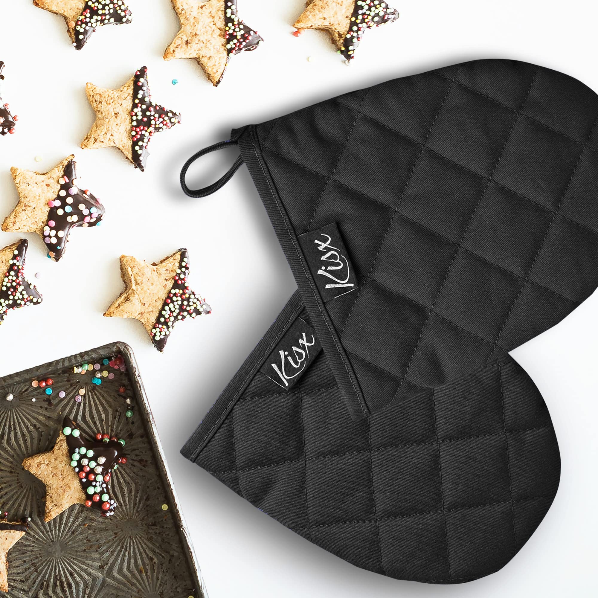 Heat Resistant Silicone Oven Mitts & Pot Holders Set - Black Mini Kitchen Gloves for Baking, Cooking, Grilling - Non-Slip Grip for Safe Handling of Hot Pans, Trays & Dishes