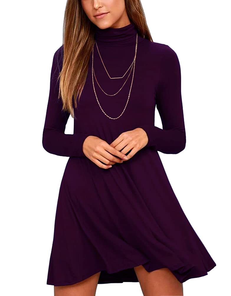 Women's Long Sleeve Turtleneck Casual Loose T-Shirt Dress - Comfortable Stretchy Knit Top for Everyday Wear, Work Office & Fall Winter Outfits