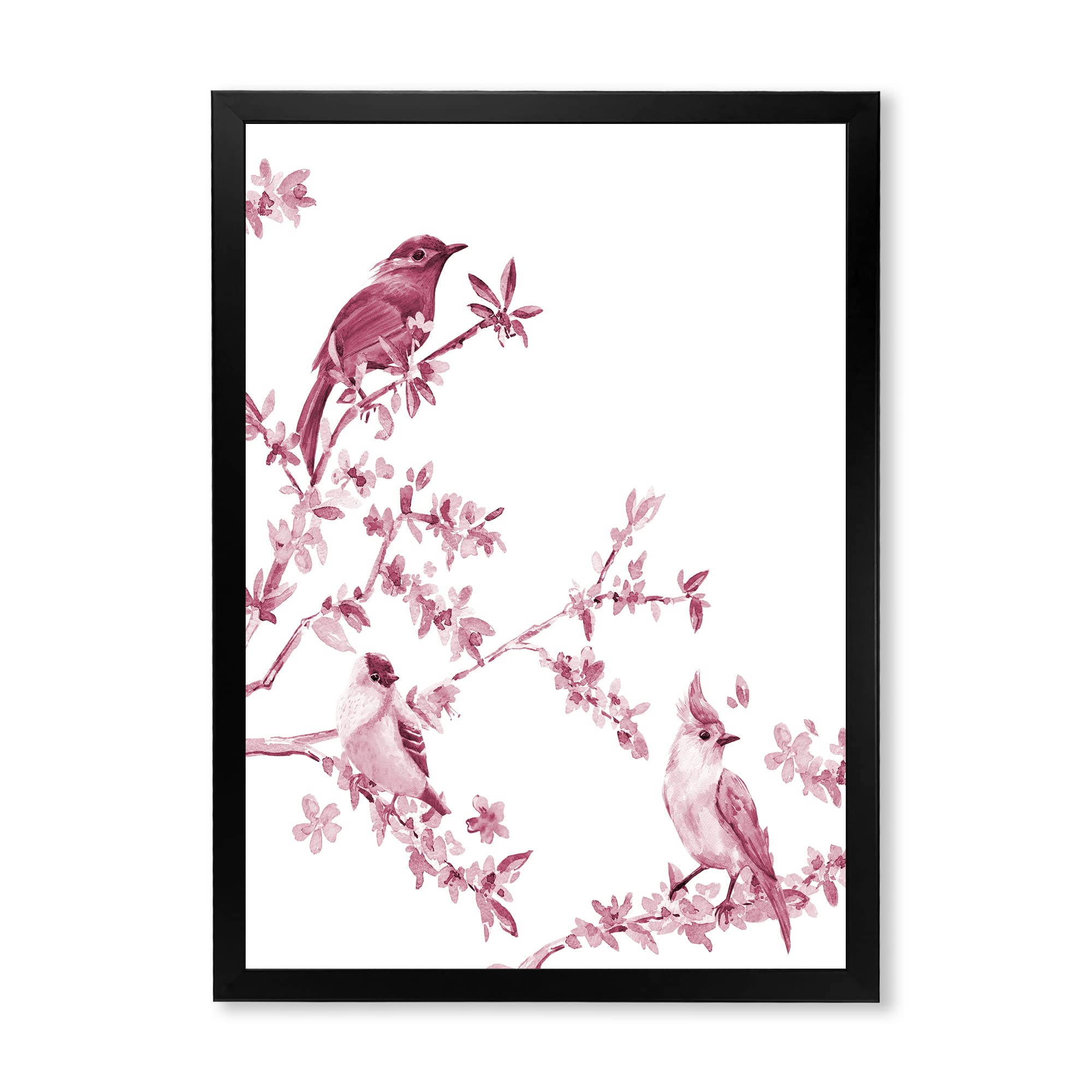 DesignQ Beautiful Pink Birds Traditional Framed Wall Art - Vintage Floral Painting for Living Room, Bedroom Decor - Perfect Home & Office Wall Decoration