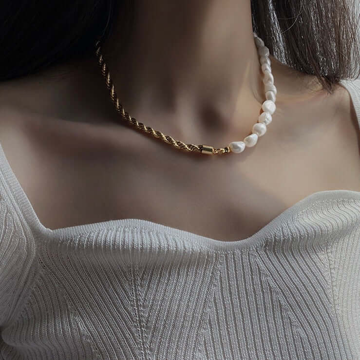 Baroque Freshwater Pearl Half Necklace with Rope Chain - Elegant Boho Jewelry for Women | Perfect for Weddings, Parties & Everyday Wear | HN904