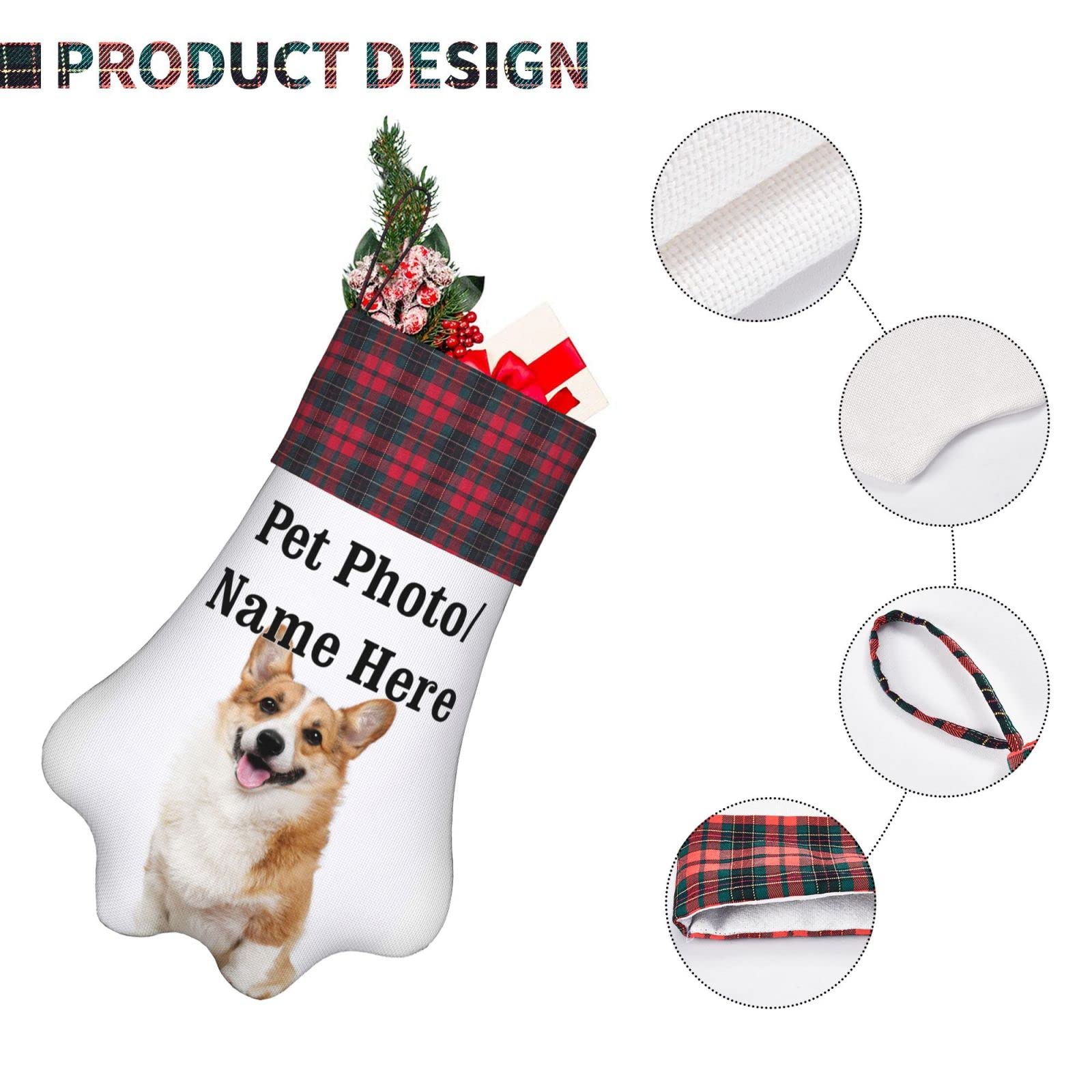 **Personalized Christmas Stocking for Dogs & Cats - Custom Paw Shaped Stocking with Pet Name & Photo - Holiday Decor Gift for Pet Lovers (Perfect for Fireplace, Tree, or Wall Decor)**