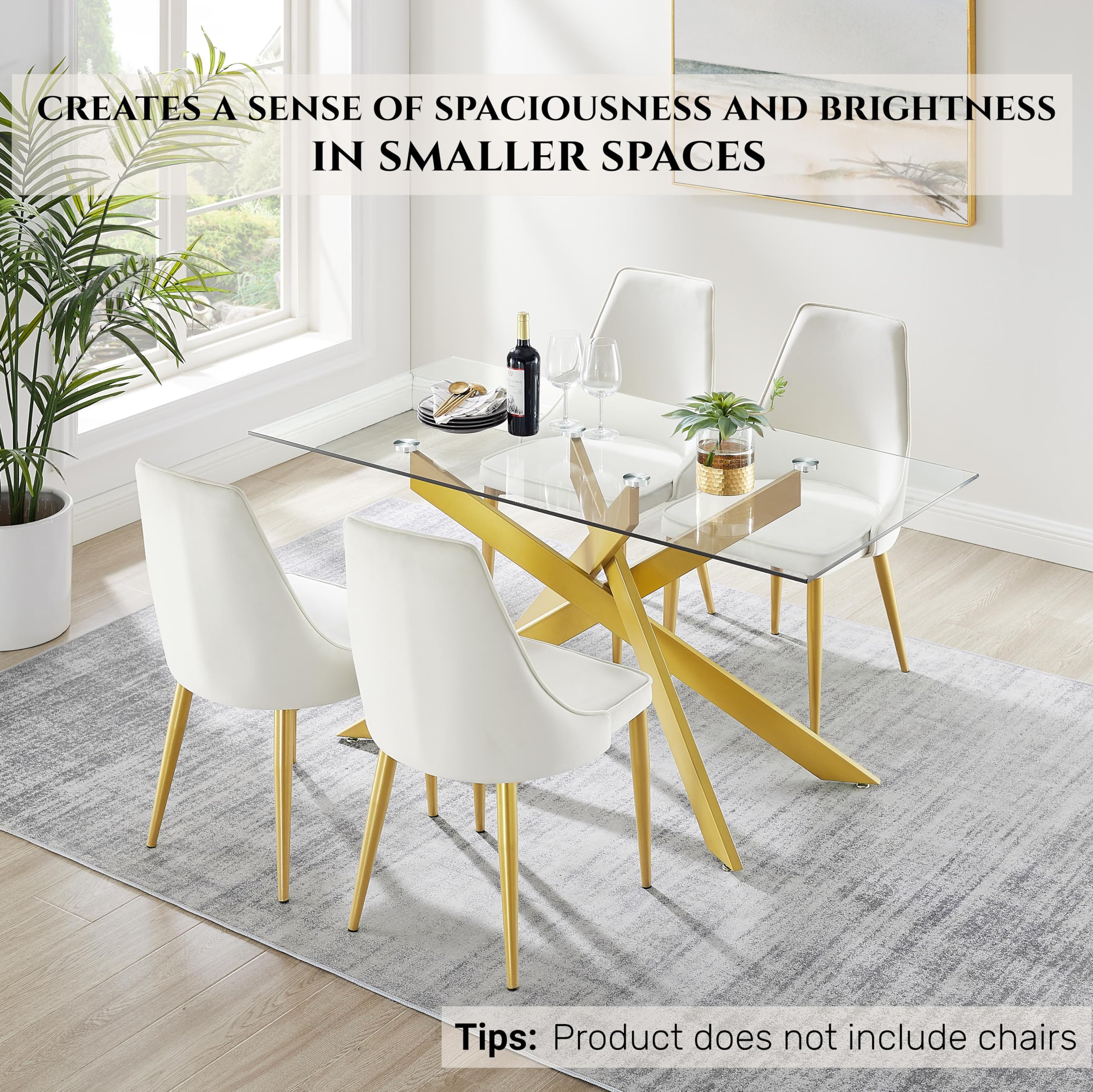 58.5 Inch Modern Rectangular Glass Dining Table - Tempered Glass Top with Gold Metal Tubular Legs - Perfect for Kitchen, Dining Room & Small Spaces (58.5
