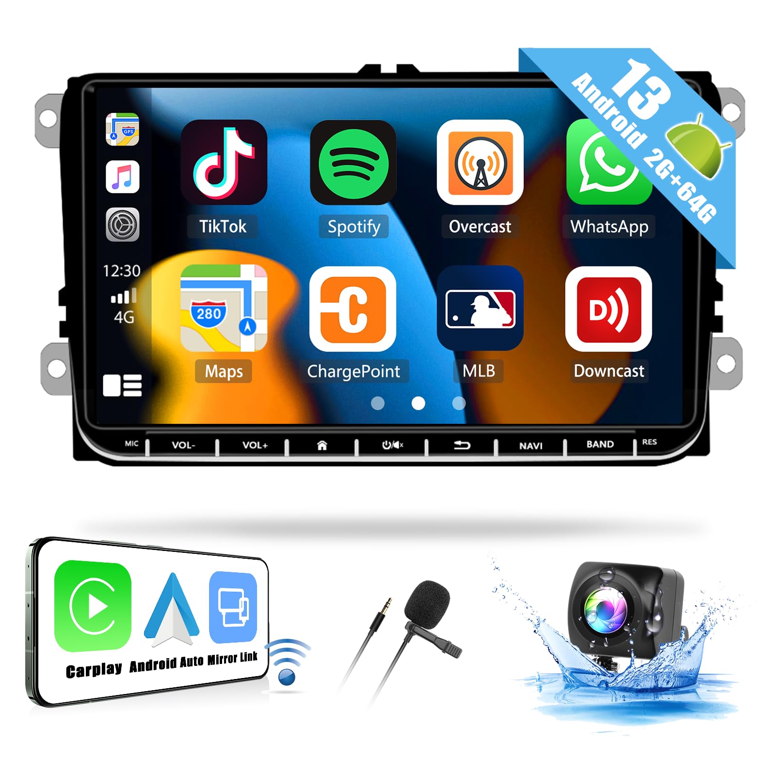 SIXWIN 2GB RAM 64GB ROM Android 13 Double Din Car Stereo for VW Volkswagen Seat Golf Passat Jetta Tiguan Touran - Wireless CarPlay Android Auto Bluetooth GPS Navigation WiFi FM HiFi Backup Camera MIC | In-Car Entertainment System for Road Trips & Daily Commute