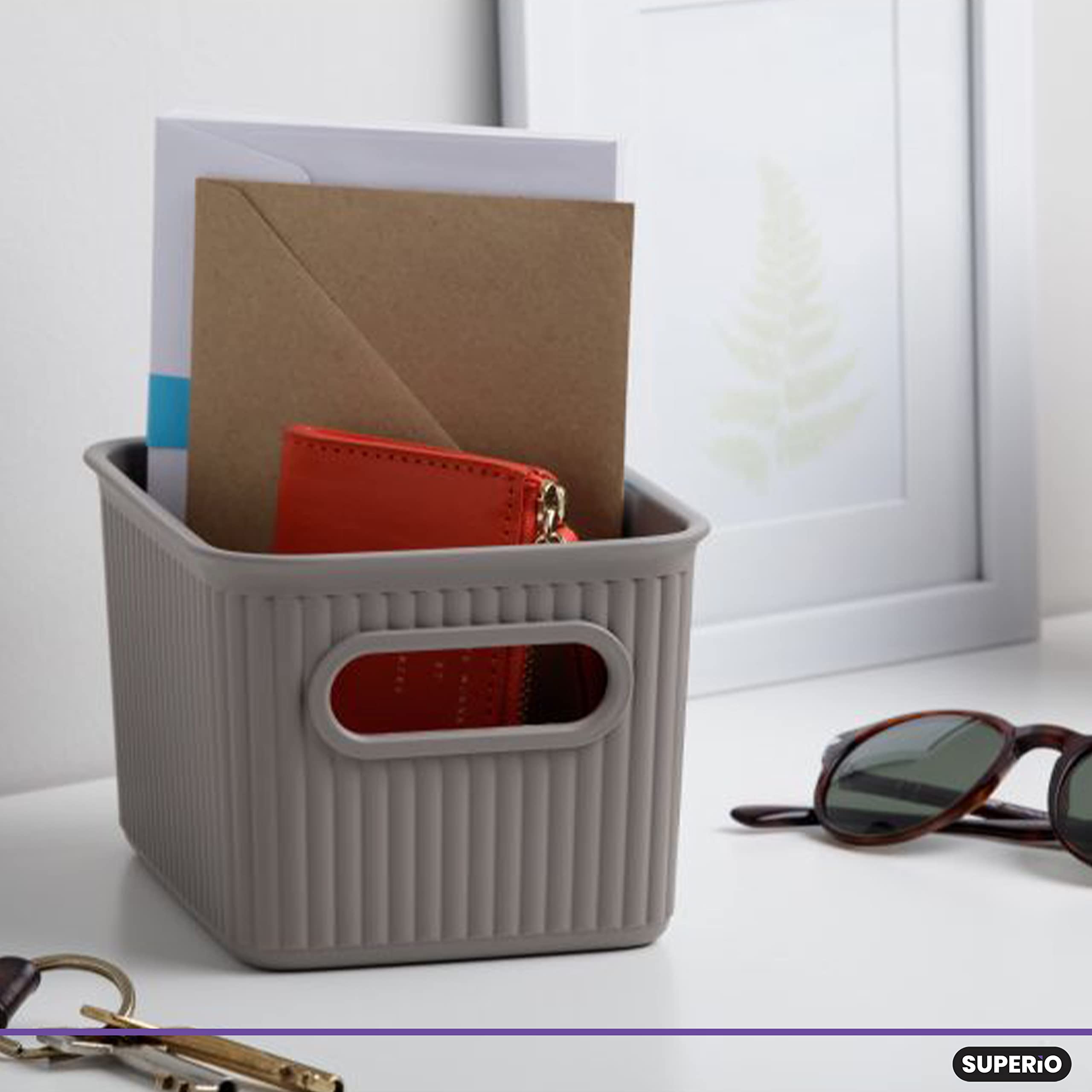 Superior Ribbed Plastic Storage Bins - 4 Pack Small Taupe Organizer Baskets for Home, Closet, Shelves & Drawers | 1.5L Decorative Open Container Boxes | Perfect for Bedroom, Bathroom & Office Organization