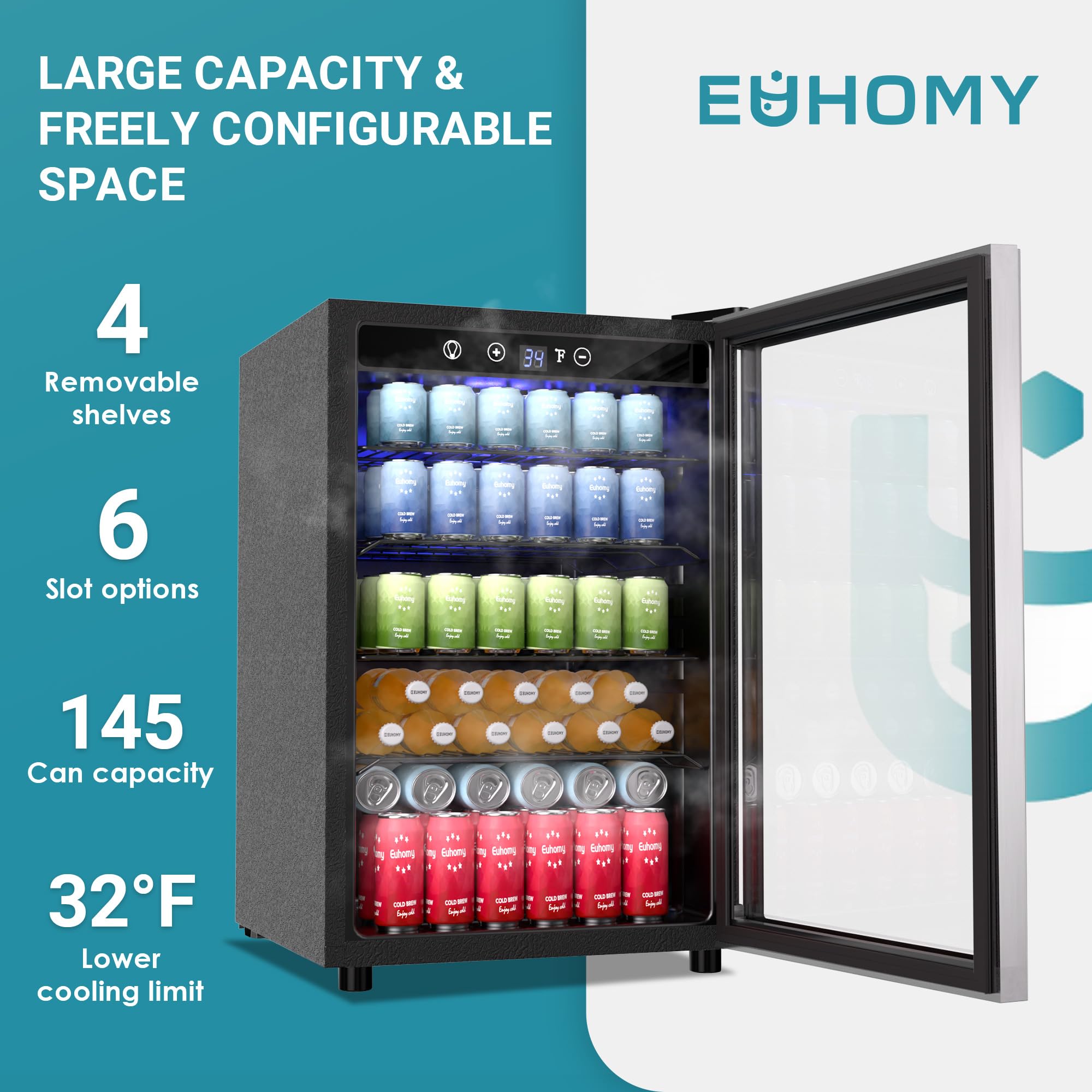 EUHOMY 4.5 Cu.ft Beverage Refrigerator - 145 Can Mini Fridge with Glass Door for Soda, Beer, Wine - Digital Adjustable Thermostat Cooler for Home, Office, Bar - Perfect for Parties, Entertaining & Daily Drink Storage
