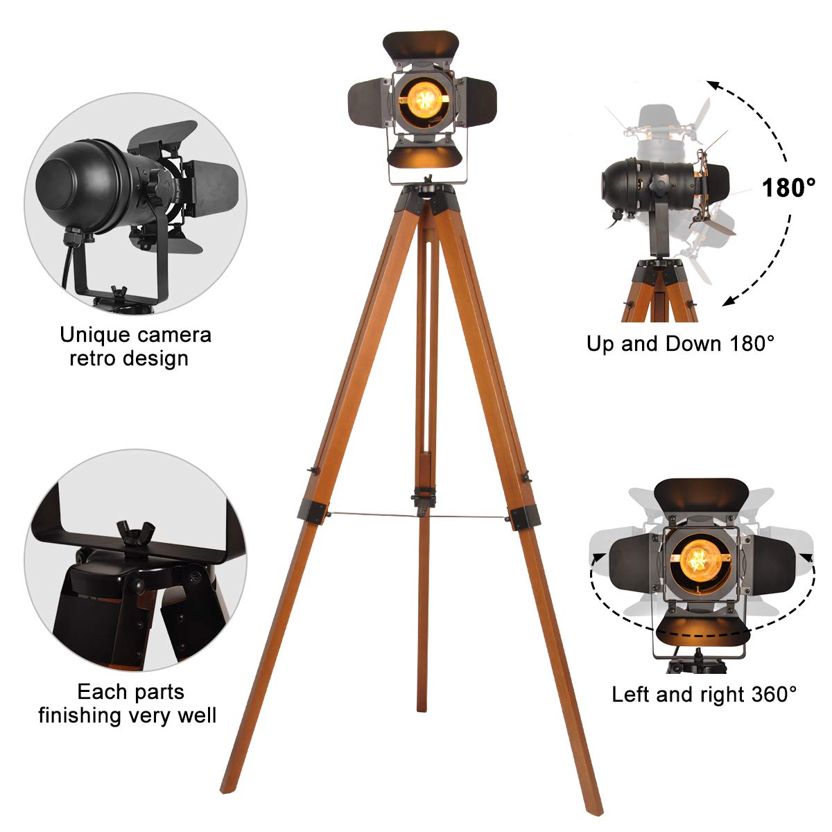 **Industrial Floor Lamp - Adjustable Tripod Standing Light with Wood Base & Metal Shade, E26 Socket for Living Room, Bedroom, Office, Studio & Farmhouse Decor - Perfect for Reading, Cinema Lighting & Retro Ambiance**