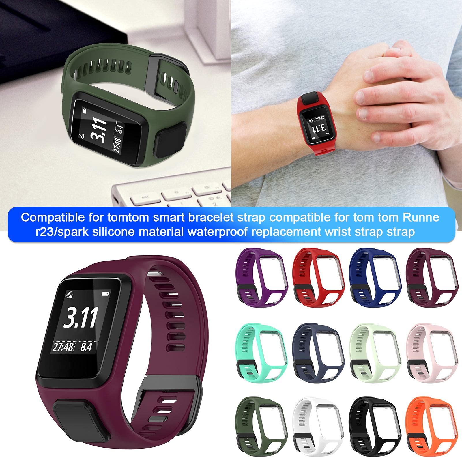 Waterproof Silicone Replacement Wrist Strap for TomTom Runner 23 & Spark - Adjustable Smart Watch Band Compatible with TomTom Fitness Trackers | Perfect for Running, Swimming & Outdoor Activities
