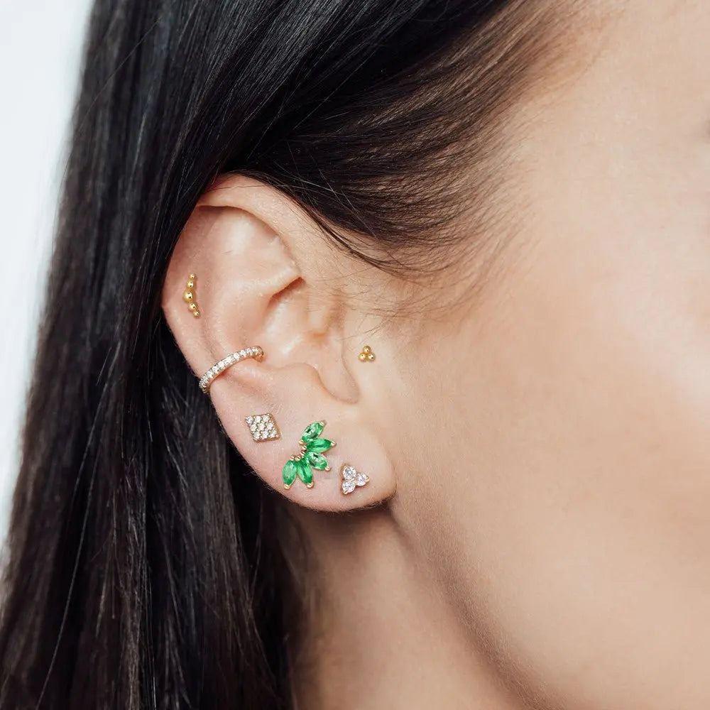 14K Yellow Gold Flat Back Emerald Lotus Stud Earrings for Women - Elegant Everyday Wear & Special Occasions