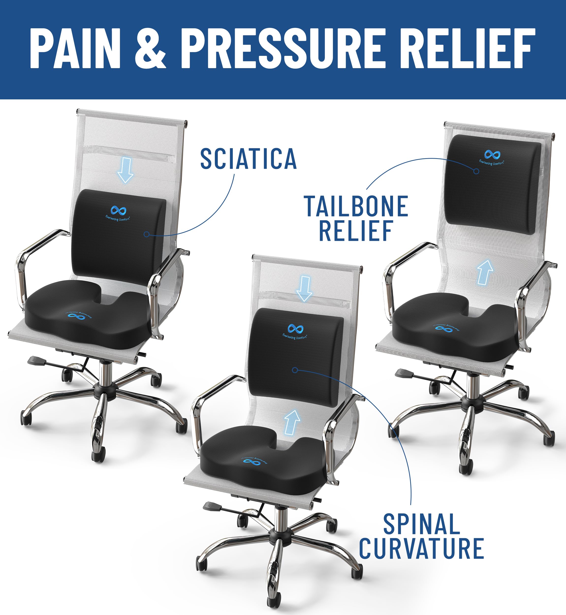 Everlasting Comfort Lumbar & Seat Cushion - Memory Foam for Office, Car & Travel - Back Support for Work & Driving