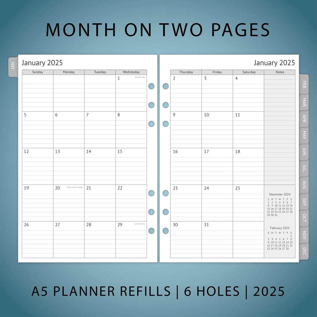 Newestor 2025 A5 Planner Inserts – Filofax A5 Compatible Weekly & Monthly Appointment Book Pages with Tabs, 6-Hole Punch – Perfect for Office, School, and Personal Organization