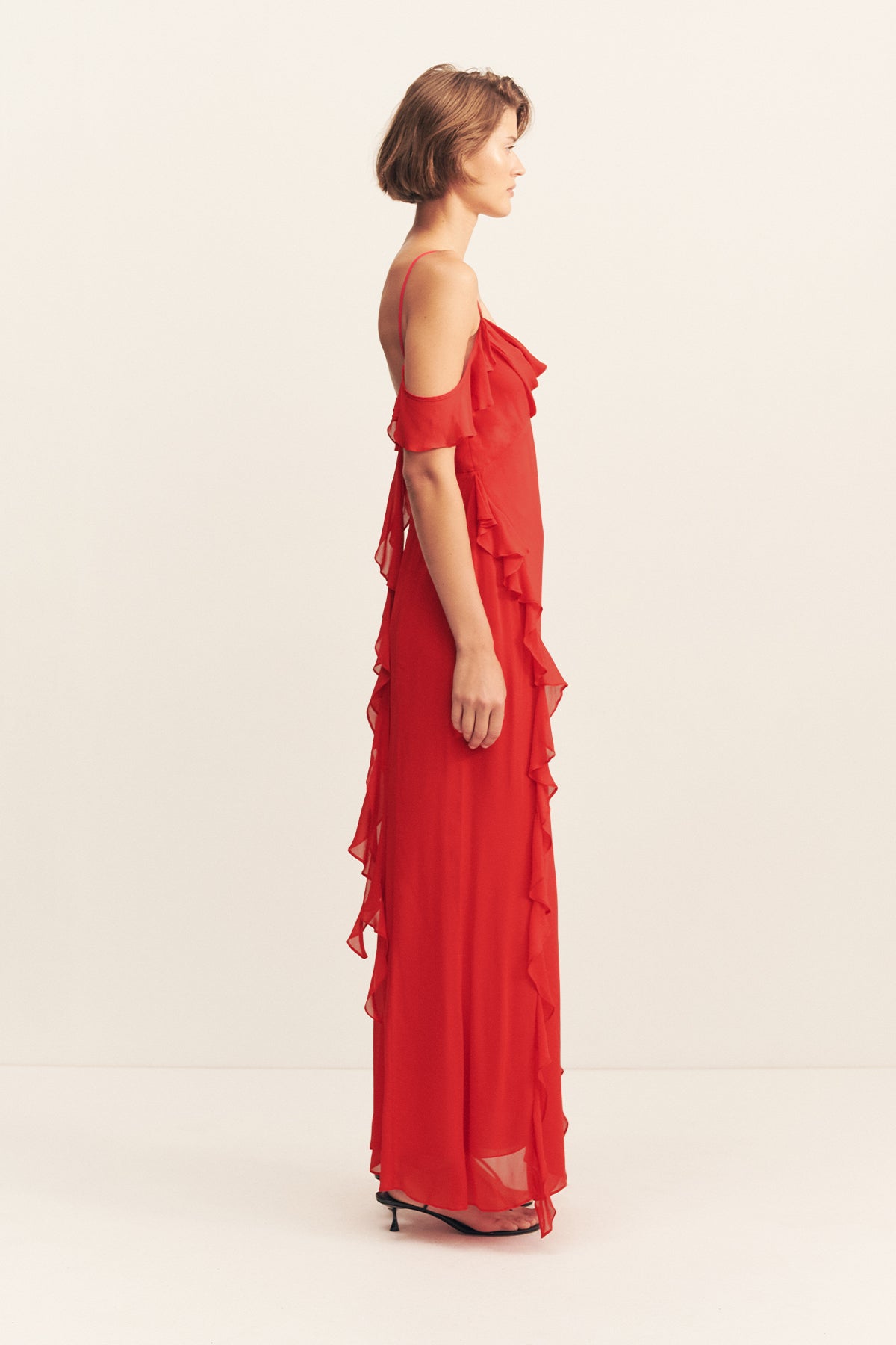 Amina Ruffle Cowl Maxi Dress - Elegant Long Flowy Chiffon Dress for Women, Perfect for Weddings, Parties & Evening Events