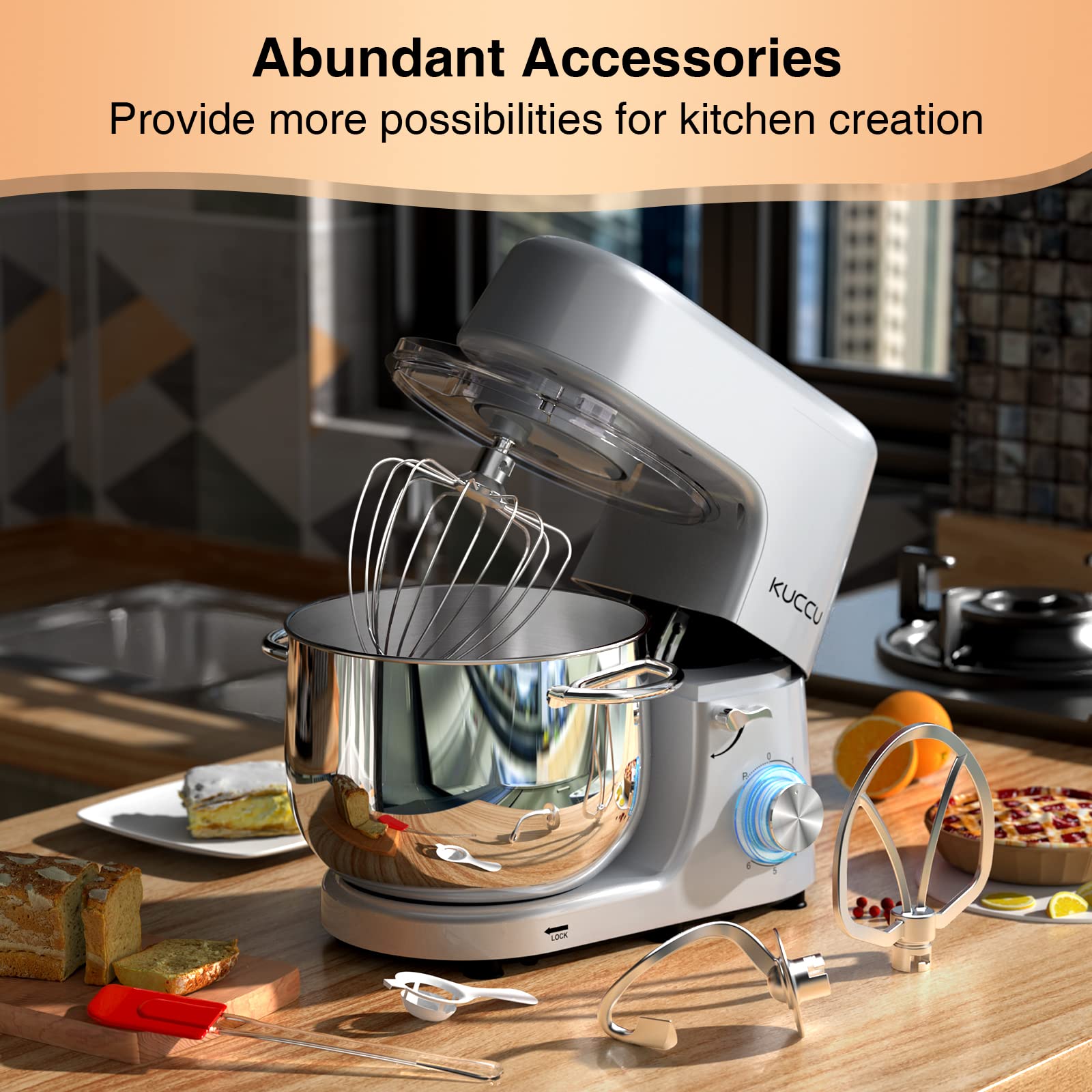 9.5 QT Double Handle KUCCU Stand Mixer - 6 Speed with Pulse, 660W Tilt-Head Electric Kitchen Mixer with Dishwasher-Safe Dough Hook, Flat Beater, Whisk & Splash Guard - Perfect for Home Baking, Cake Mixing & Cookie Dough (Silver)