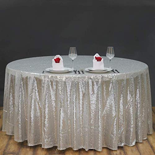 120 Inch Sequin Round Tablecloth - Premium Silver Payette Fabric for Weddings, Birthdays, Christmas & Party Decorations | Elegant Dining Table Cover for Banquet Halls, Events & Celebrations