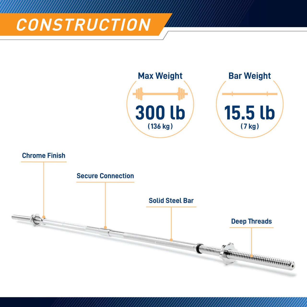 Marcy Standard 6-Foot Olympic Weight Bar - 72.2