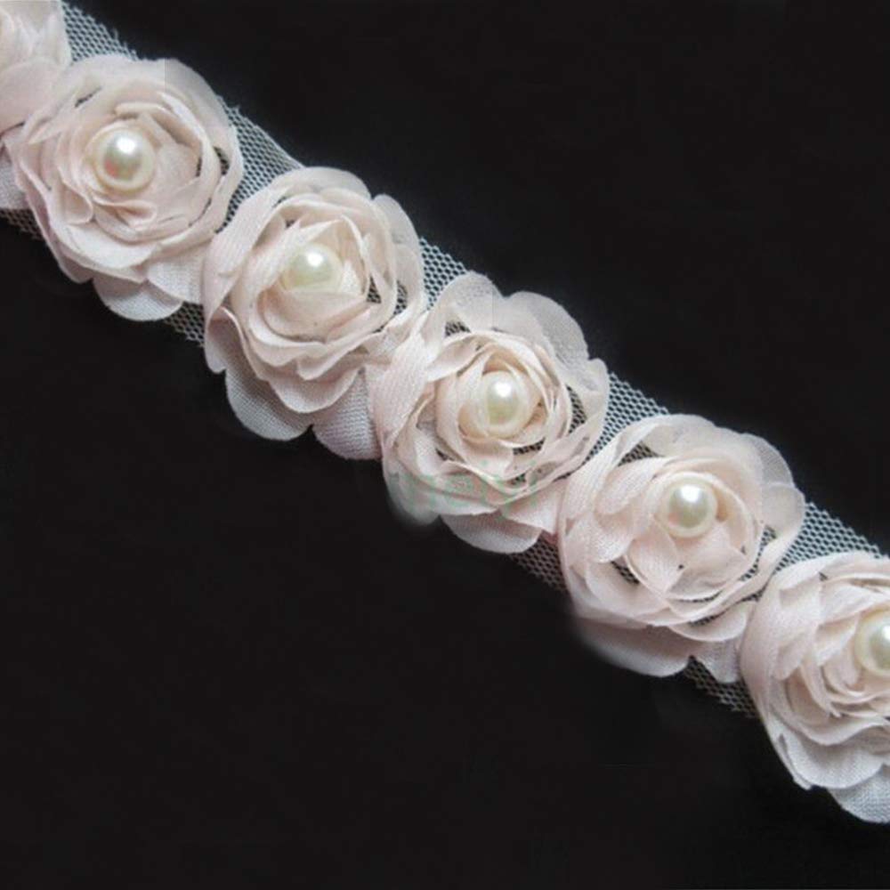 2 Meters Rose Flower Pearl Chiffon Lace Trim Ribbon - 5cm Wide Vintage Pink Champagne Edging for Wedding Dresses, Bridal Gowns & DIY Crafts - Perfect for Dress Decor, Fabric Applique & Sewing Projects