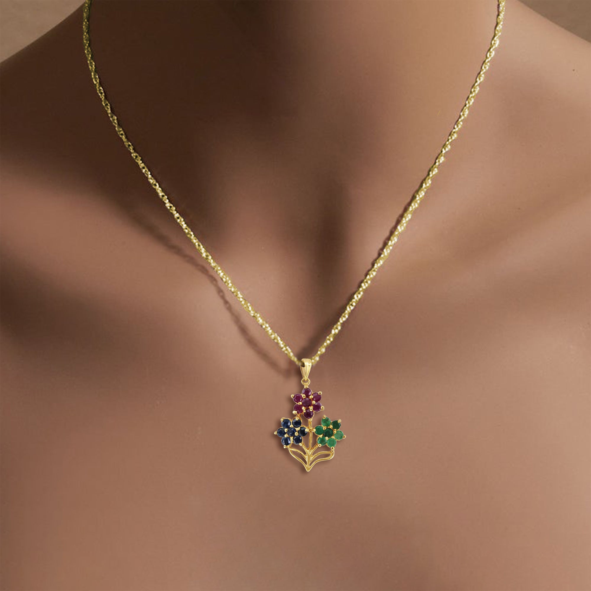 14k Yellow Gold Basket Full of Emerald, Sapphire & Ruby Flowers - Elegant Jewelry Gift for Women, Perfect for Weddings, Anniversaries & Special Occasions