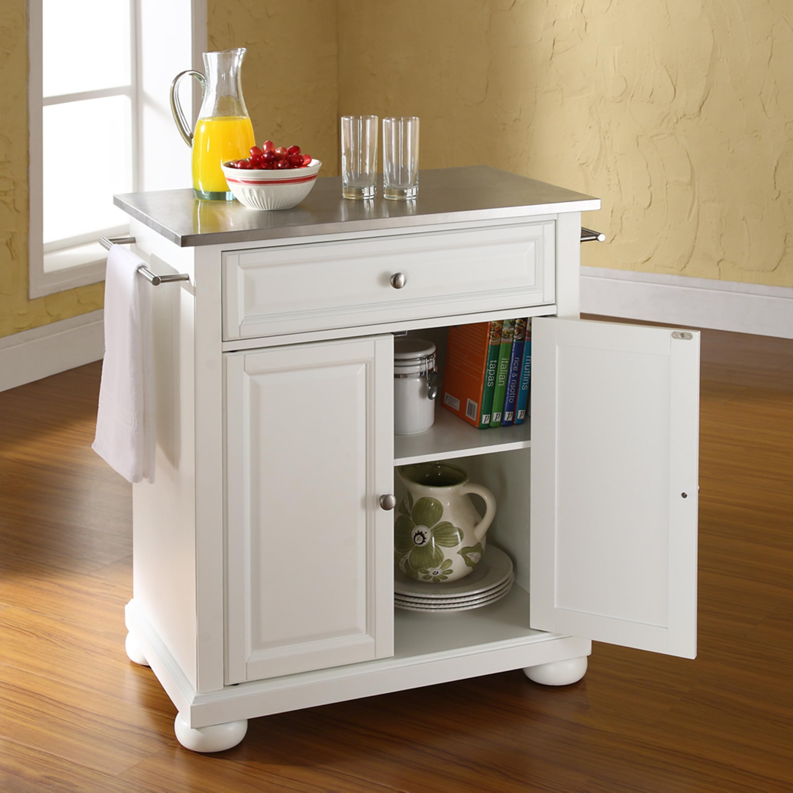 Crosley Alexandria Stainless Steel Top Rolling Kitchen Island Cart - White Small Microwave Stand with Storage | Perfect for Small Kitchens, Apartments & Dorm Rooms