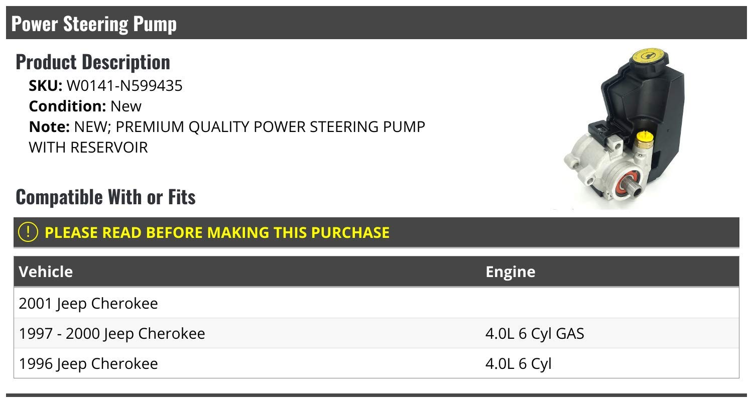 High-Performance Power Steering Pump with Reservoir for 1996-2001 Jeep Cherokee - OEM Replacement Part - Smooth Steering for Off-Road & Daily Driving